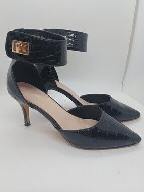 ​Nicole Miller New York Brandy Croc Embossed Ankle Strap Pumps Gold Buckle 8.5
